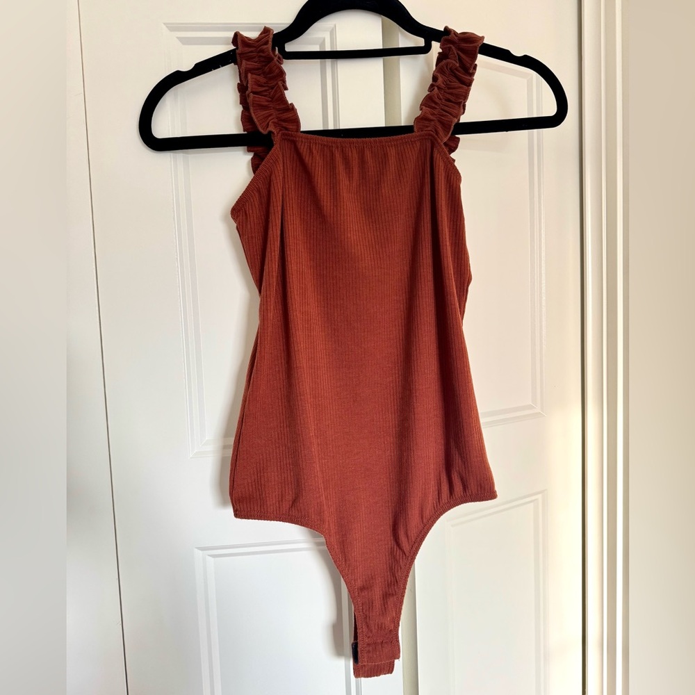 Burnt Orange Bodysuit with Square Neckline and Ruched Straps